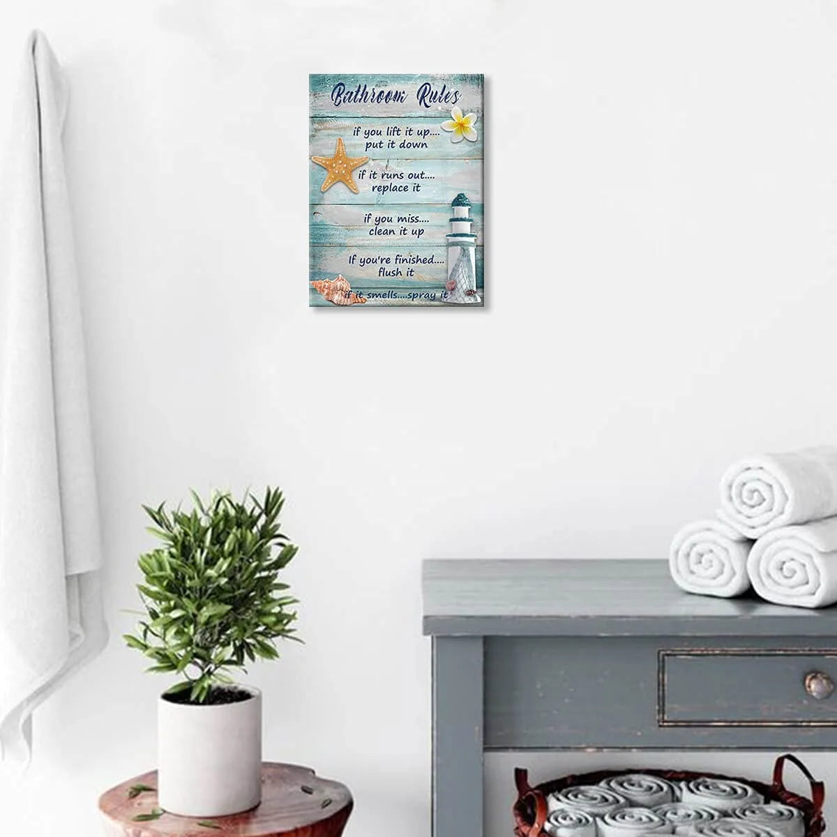 Beach Bathroom Decor Seashells Lighthouse Bathroom Decor Prints Canvas Art Funny Bathroom Sign Wall Decor Rustic Ocean Bathroom Rules Wall Decor Farmhouse Wall Art for Bathroom Framed 12X16Inch