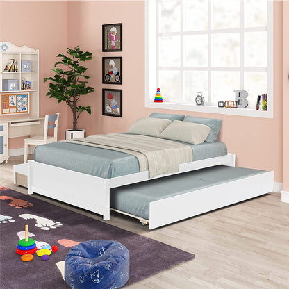 Full Bed with Trundle and 2 Drawers, Wood Full Size Platform Bed Frame Space-Saving Full Size Bed for Boys, Girls, Kids, Teens and Adults (Full, White)