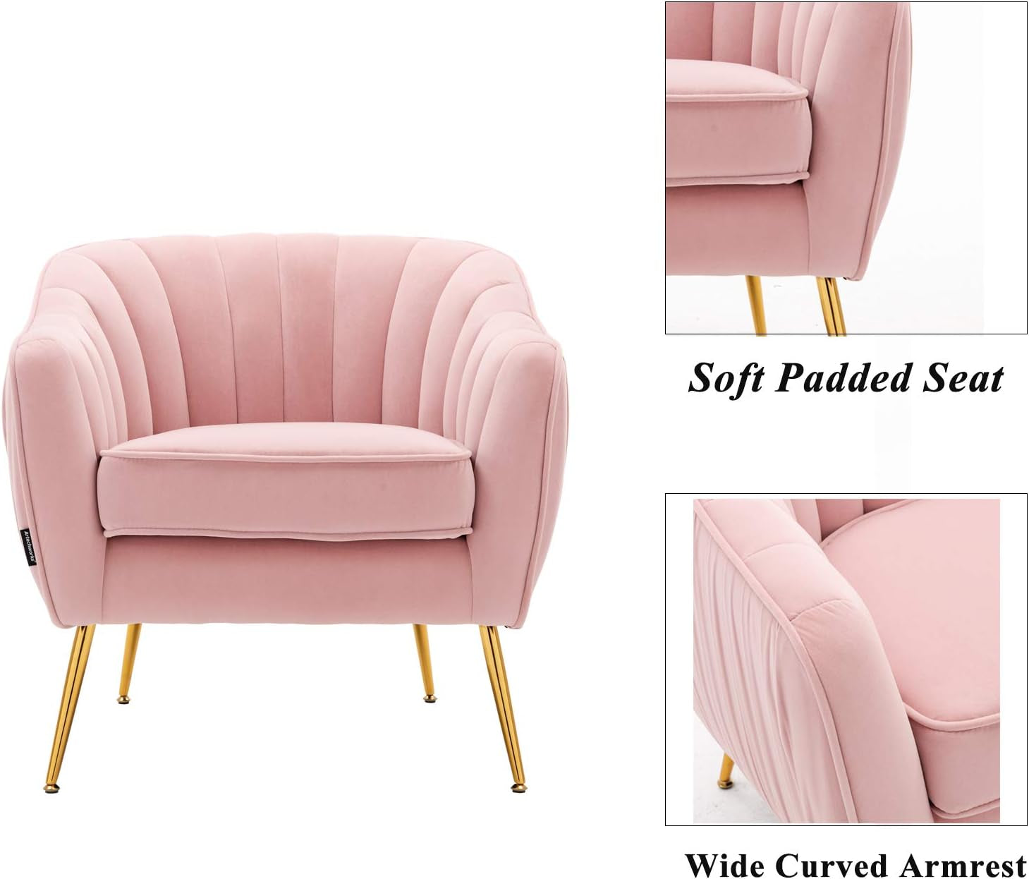 Velvet Modern Tub Barrel Arm Chair Upholstered Tufted with Gold Metal Legs Accent Club Chair with Ottoman Footrest for Living Reading Room Bedroom, Pink