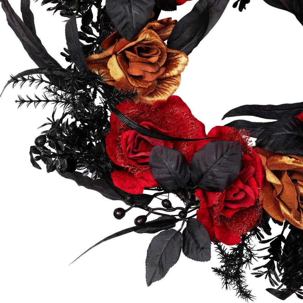 22- Inch Red and Gold Roses with Black Foliage Unlit Halloween Wreath