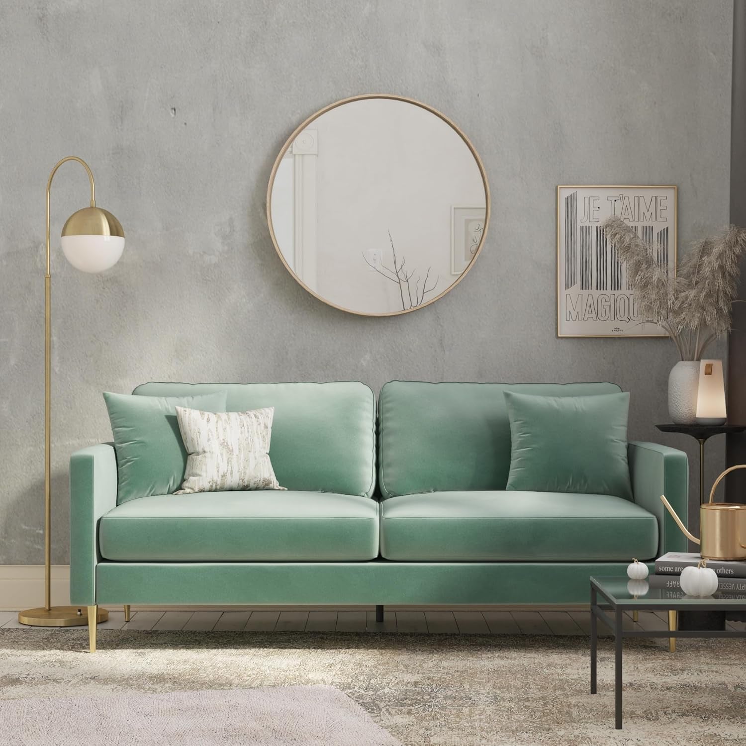Highland Sofa Couch with Pillows, Green