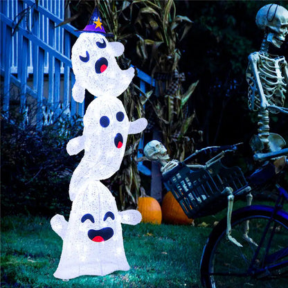 48 In. Lighted Plug in Stacked Ghosts Standing Halloween Decoration with 120 LED Lights and 4 Metal Ground Stakes