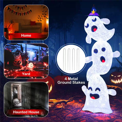 48 In. Lighted Plug in Stacked Ghosts Standing Halloween Decoration with 120 LED Lights and 4 Metal Ground Stakes
