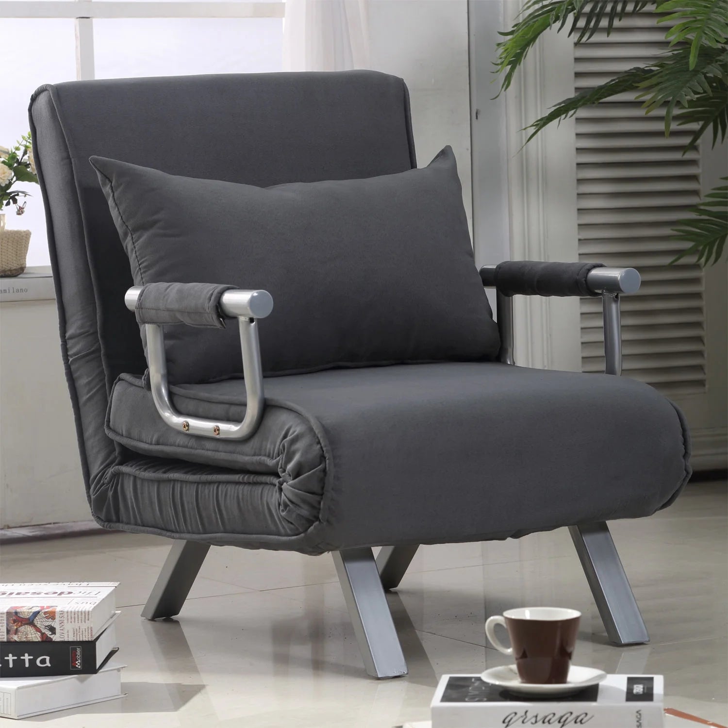 Folding Convertible Sleeper Bed Chair, Living Room, Den, or Dorm Room, Gray
