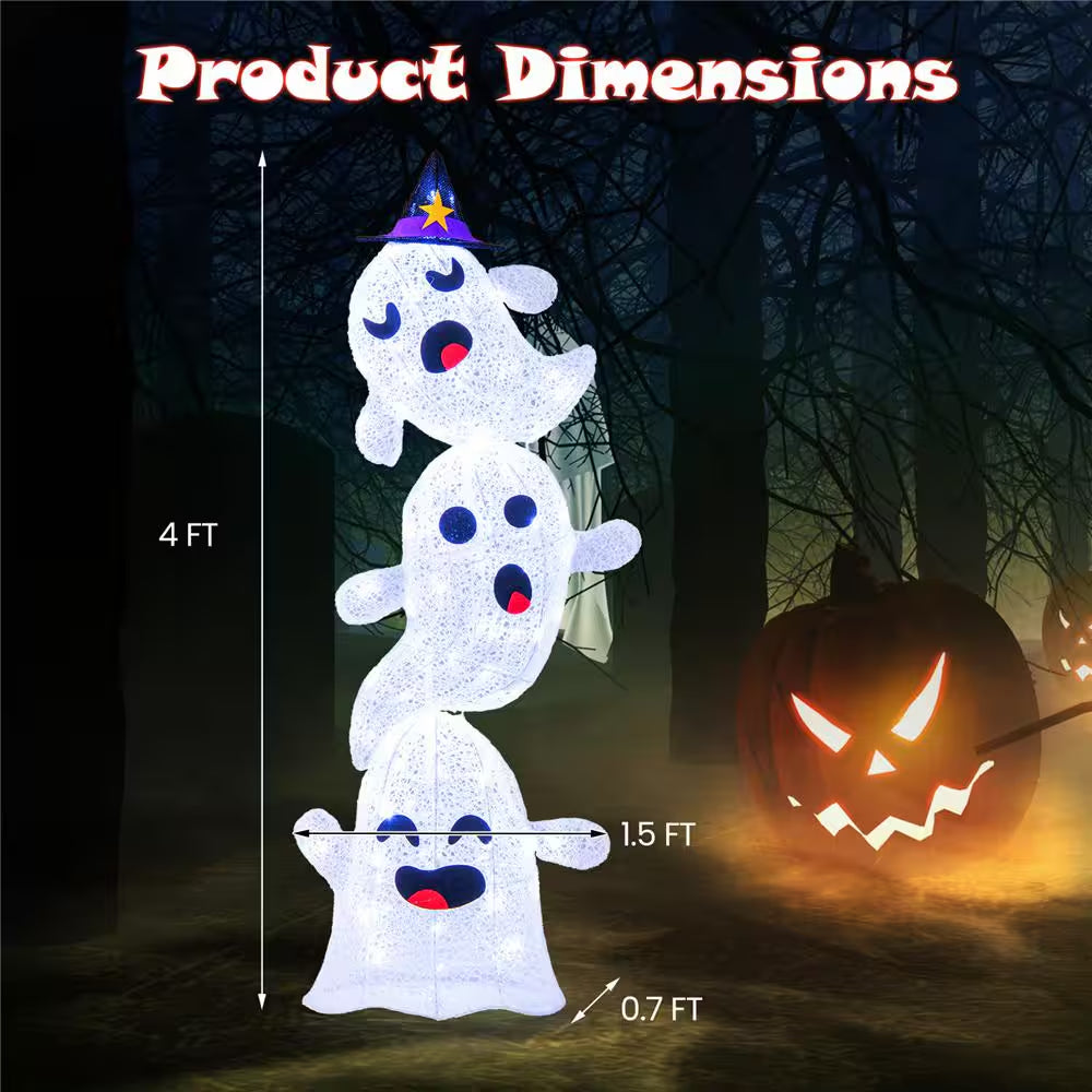 48 In. Lighted Plug in Stacked Ghosts Standing Halloween Decoration with 120 LED Lights and 4 Metal Ground Stakes