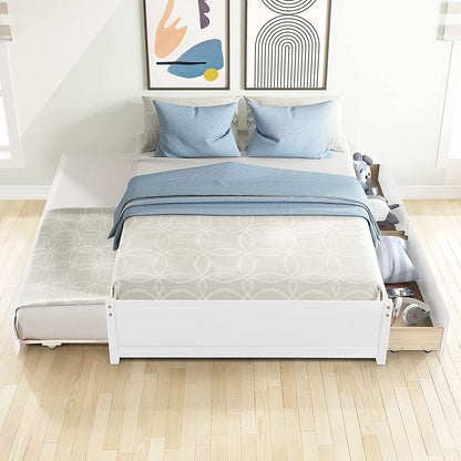 Full Bed with Trundle and 2 Drawers, Wood Full Size Platform Bed Frame Space-Saving Full Size Bed for Boys, Girls, Kids, Teens and Adults (Full, White)