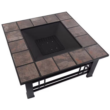 32 In. Steel Square Tile Fire Pit with Spark Screen and Poker