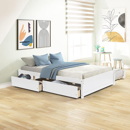 Full Bed with Trundle and 2 Drawers, Wood Full Size Platform Bed Frame Space-Saving Full Size Bed for Boys, Girls, Kids, Teens and Adults (Full, White)