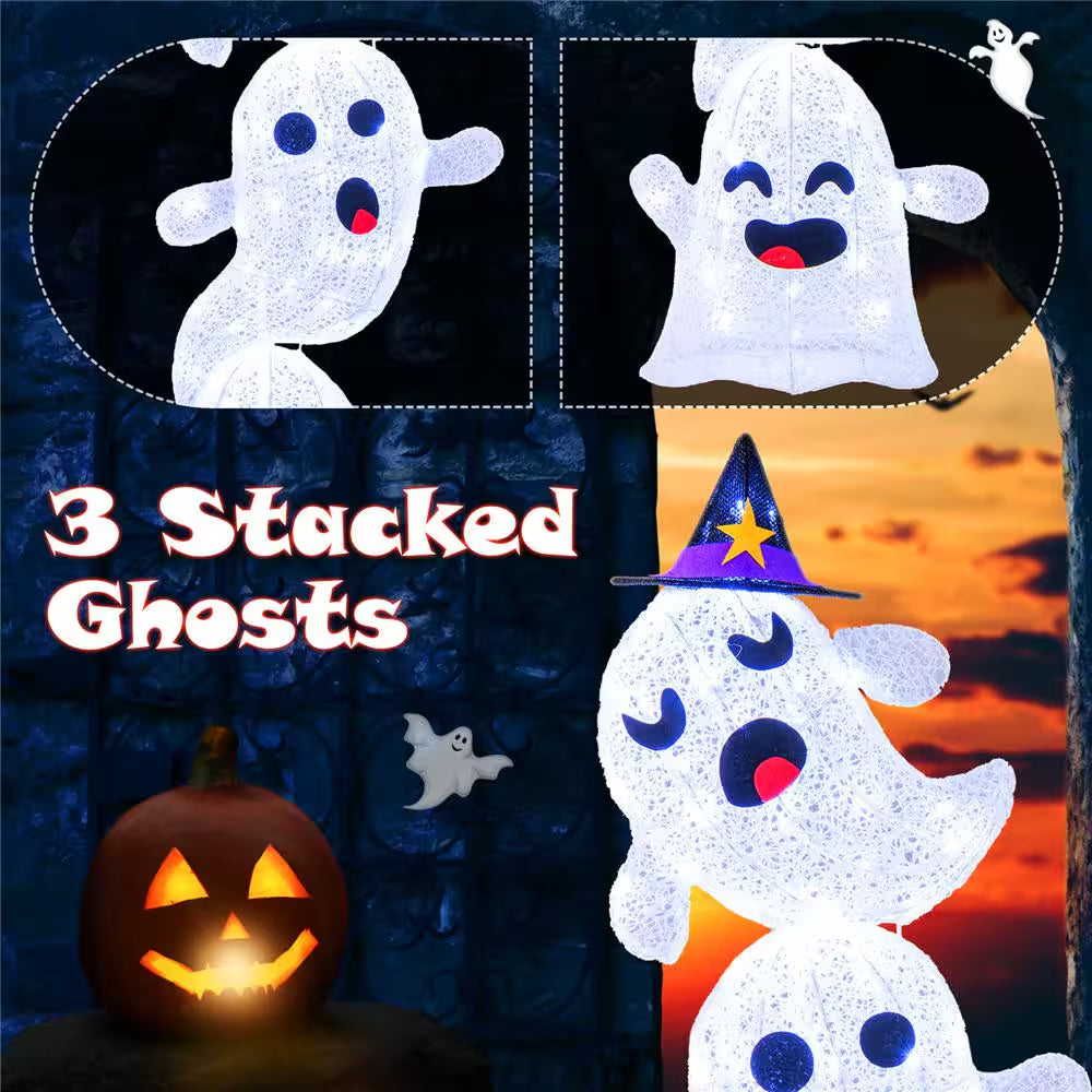 48 In. Lighted Plug in Stacked Ghosts Standing Halloween Decoration with 120 LED Lights and 4 Metal Ground Stakes