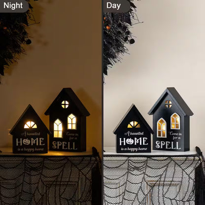 8 In. H Lighted Halloween Wooden Hauted House Table Decor (Set of 2)