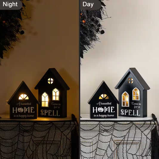 8 In. H Lighted Halloween Wooden Hauted House Table Decor (Set of 2)