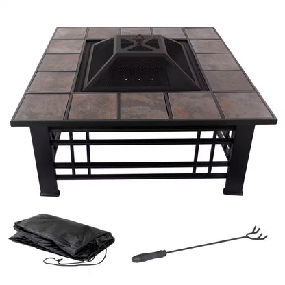 32 In. Steel Square Tile Fire Pit with Spark Screen and Poker
