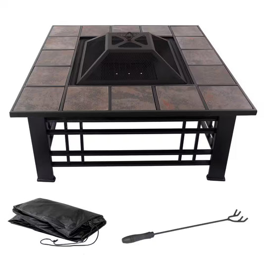 32 In. Steel Square Tile Fire Pit with Spark Screen and Poker