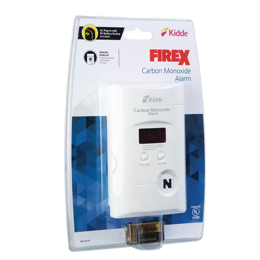 Firex Plug-In Carbon Monoxide Detector, 9V Battery Backup, Digital Display