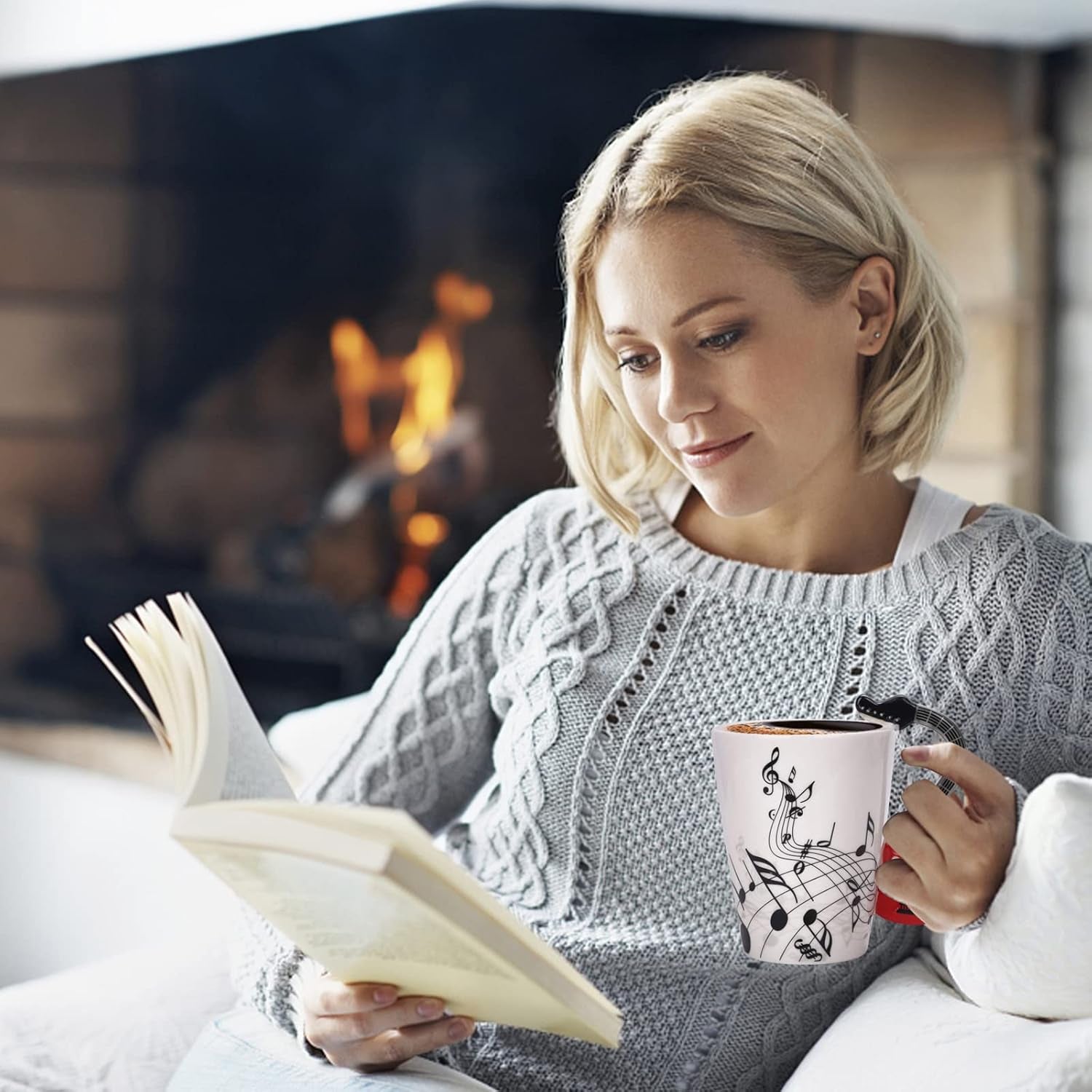 12.9 Oz Guitar Mug Music Note Tea Coffee Milk Ceramic Guitar Music Cup Mug Gifts for Guitar Players Musicians,Music Lover Gift for Women,Men, Friend,Teacher,Red