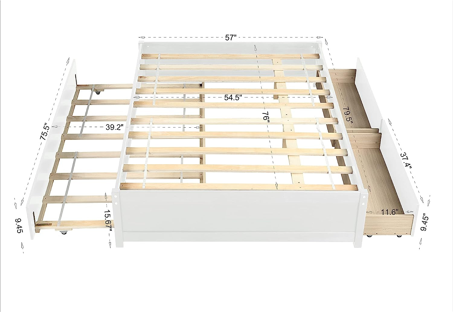 Full Bed with Trundle and 2 Drawers, Wood Full Size Platform Bed Frame Space-Saving Full Size Bed for Boys, Girls, Kids, Teens and Adults (Full, White)