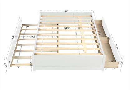 Full Bed with Trundle and 2 Drawers, Wood Full Size Platform Bed Frame Space-Saving Full Size Bed for Boys, Girls, Kids, Teens and Adults (Full, White)