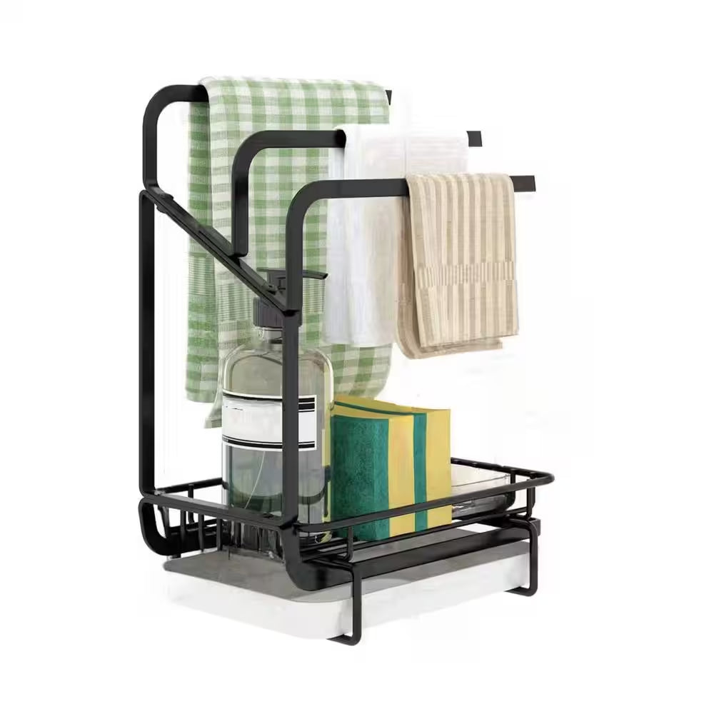 Black Metal Kitchen Sink Sponge Holder with Drainage Tray, Kitchen Sink Storage Container Sponge Brush Soap Tray