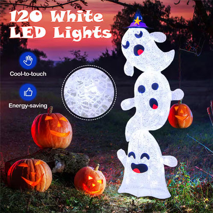 48 In. Lighted Plug in Stacked Ghosts Standing Halloween Decoration with 120 LED Lights and 4 Metal Ground Stakes