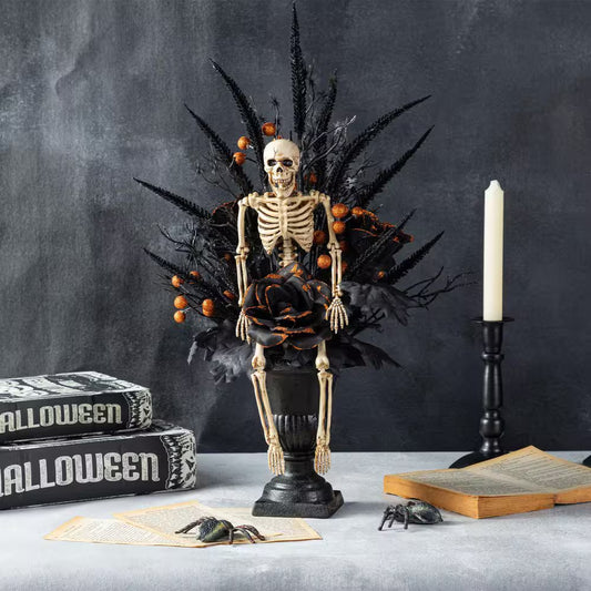 22 In. H Halloween Black Rose, Skeleton and Berry Urn Table Tree