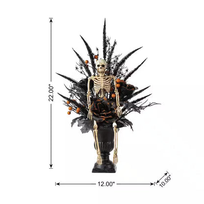 22 In. H Halloween Black Rose, Skeleton and Berry Urn Table Tree