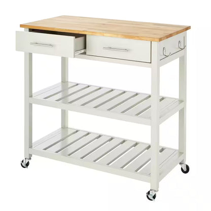 Glenville Grey Rolling Kitchen Cart with Butcher Block Top, Double-Drawer Storage and Open Shelves (36" W)