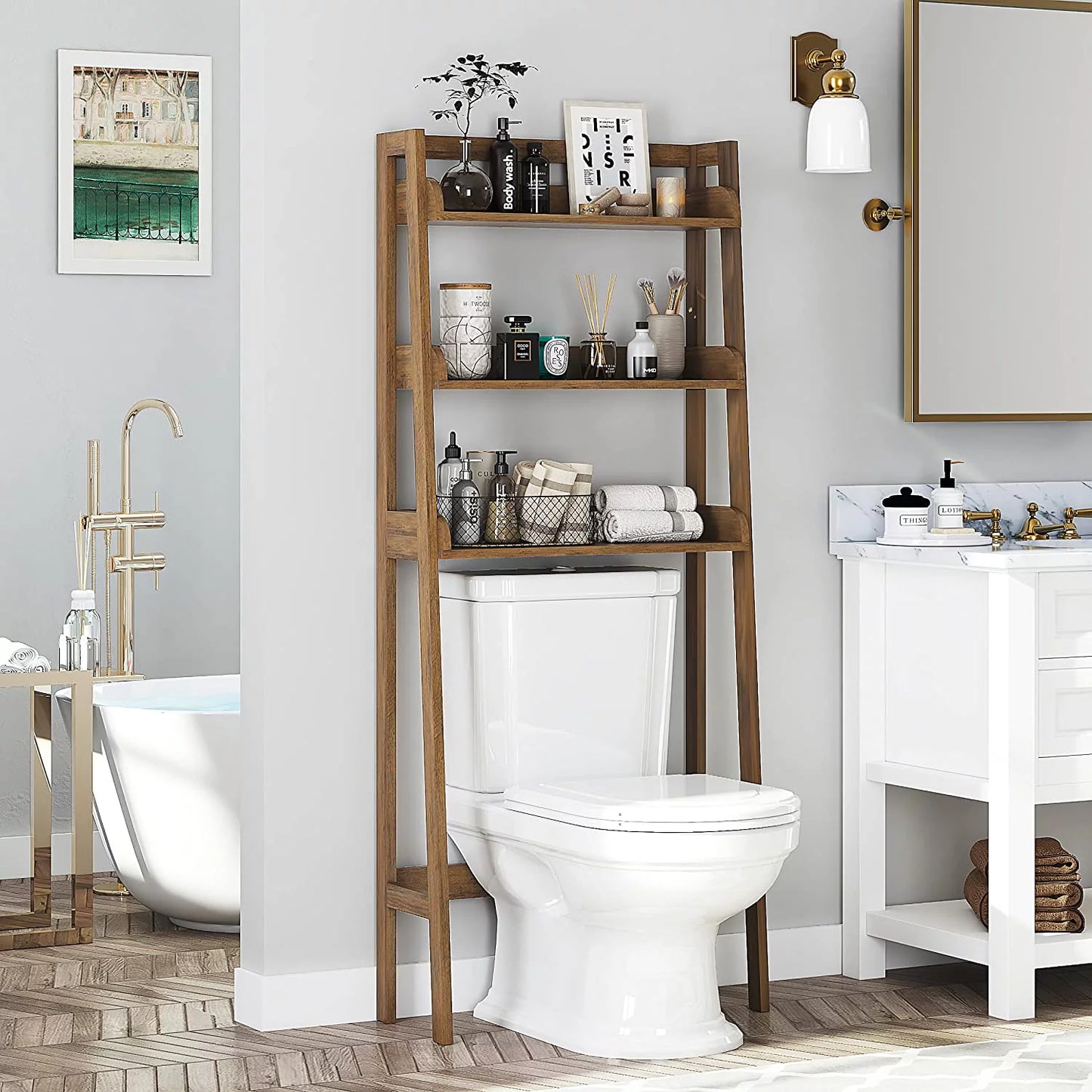 3-Shelf Bathroom Organizer over the Toilet, Bathroom Space Saver, Bathroom Shelf, Wood Grain