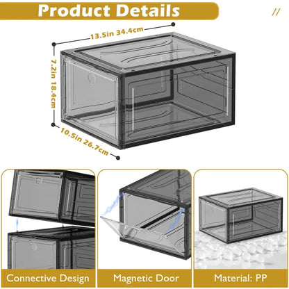 6-Pack Transparent Sturdy Shoe Storage Boxes with Magnetic Front Doors, Stackable Organizer