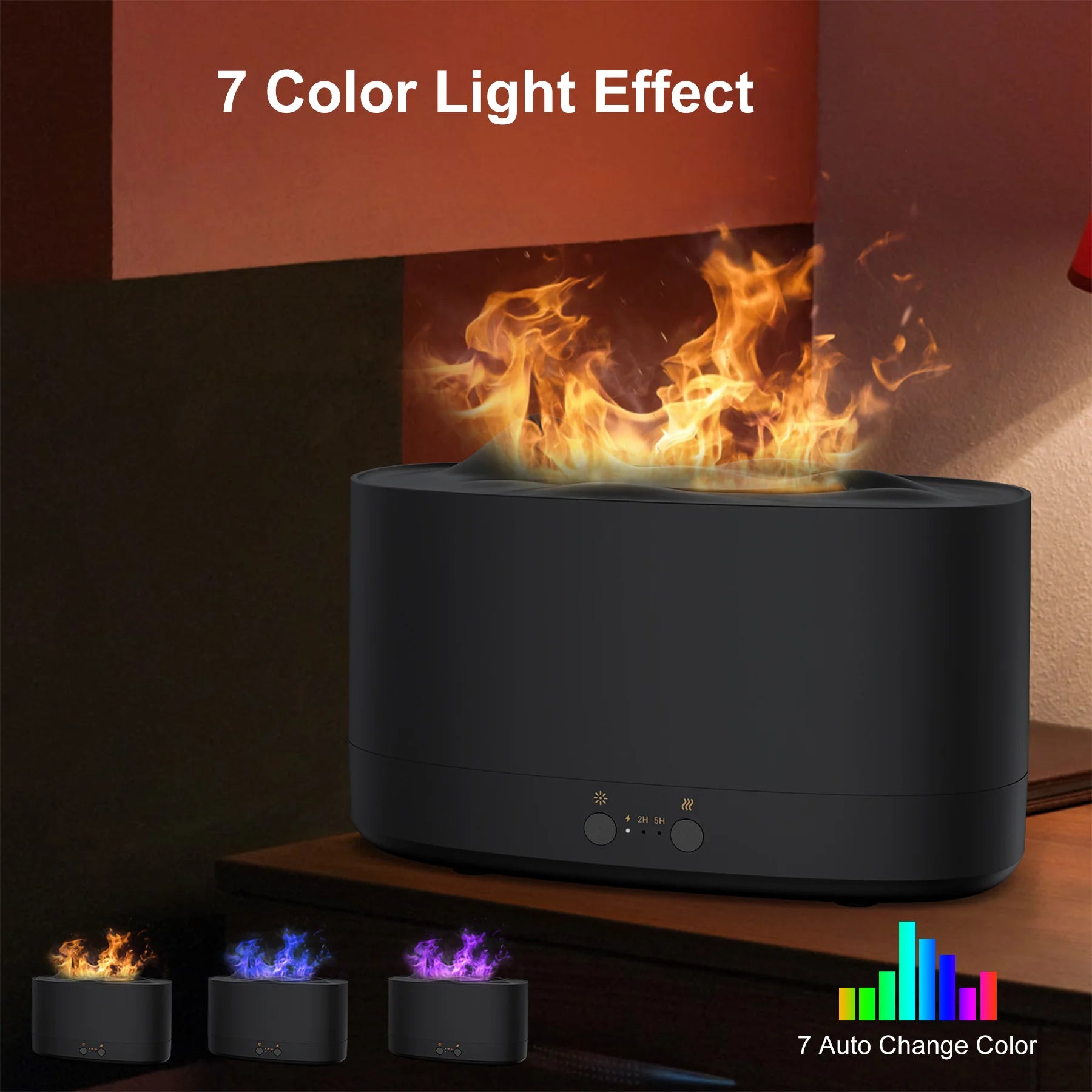Flame Diffuser Humidifier, 7 Color Essential Oil Diffuser, Time Setting for Home, Room, Black