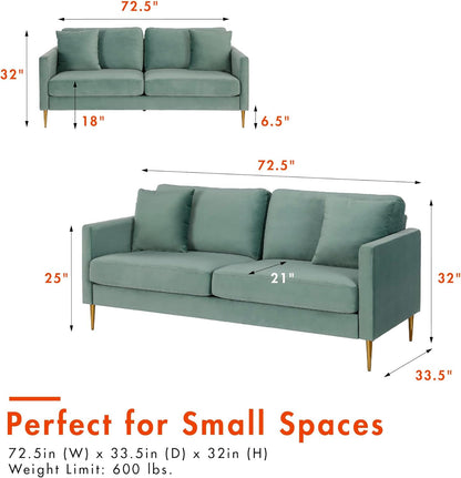 Highland Sofa Couch with Pillows, Green
