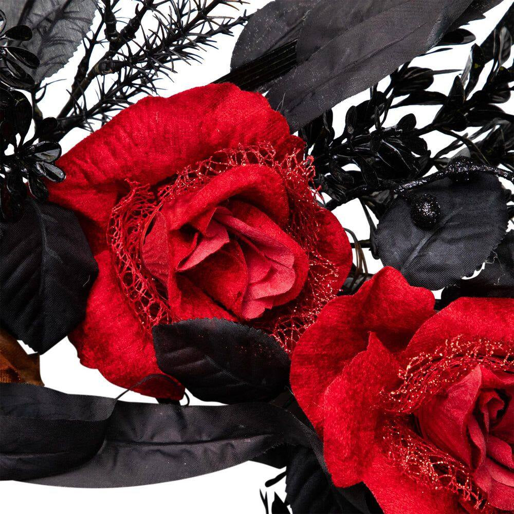 22- Inch Red and Gold Roses with Black Foliage Unlit Halloween Wreath