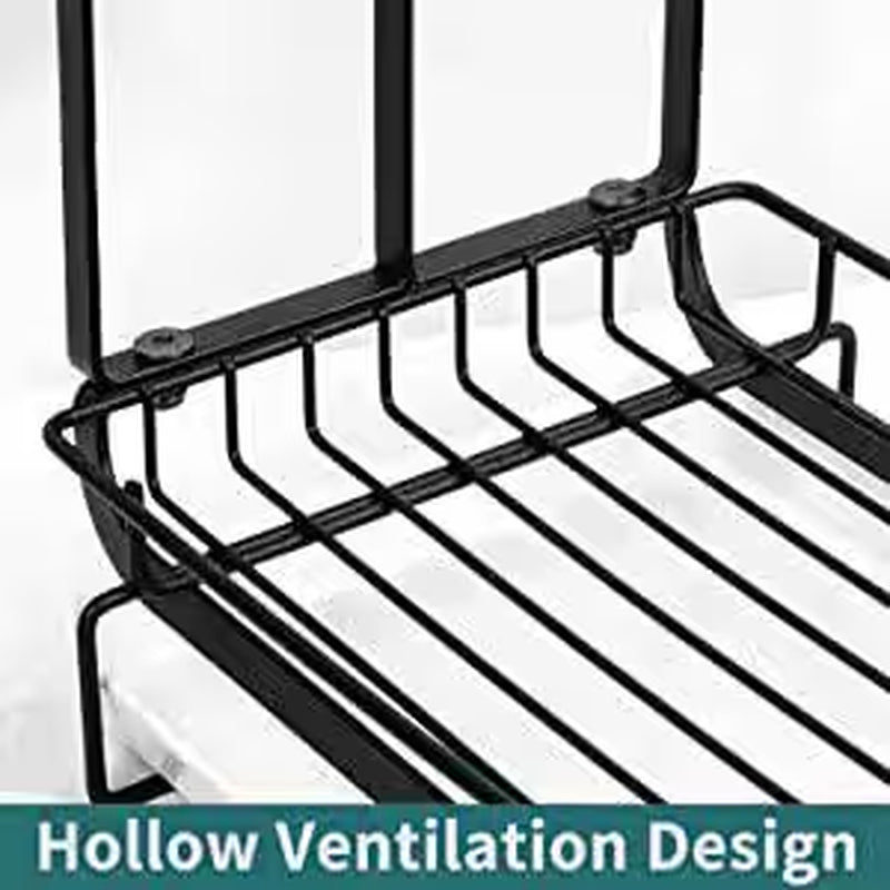 Black Metal Kitchen Sink Sponge Holder with Drainage Tray, Kitchen Sink Storage Container Sponge Brush Soap Tray