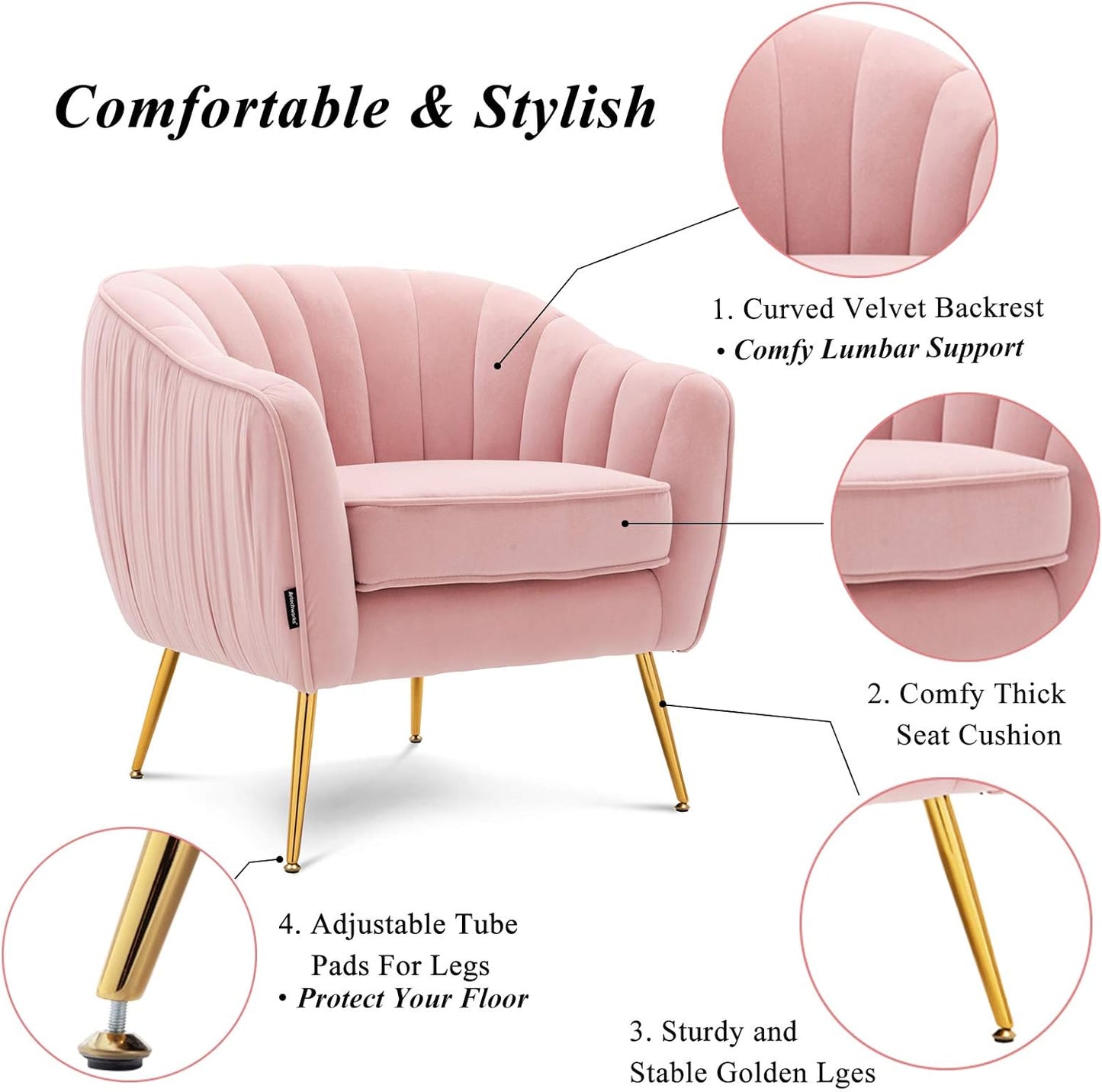 Velvet Modern Tub Barrel Arm Chair Upholstered Tufted with Gold Metal Legs Accent Club Chair with Ottoman Footrest for Living Reading Room Bedroom, Pink