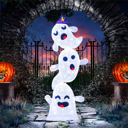 48 In. Lighted Plug in Stacked Ghosts Standing Halloween Decoration with 120 LED Lights and 4 Metal Ground Stakes