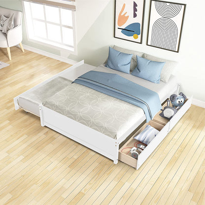 Full Bed with Trundle and 2 Drawers, Wood Full Size Platform Bed Frame Space-Saving Full Size Bed for Boys, Girls, Kids, Teens and Adults (Full, White)