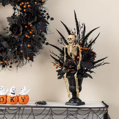 22 In. H Halloween Black Rose, Skeleton and Berry Urn Table Tree