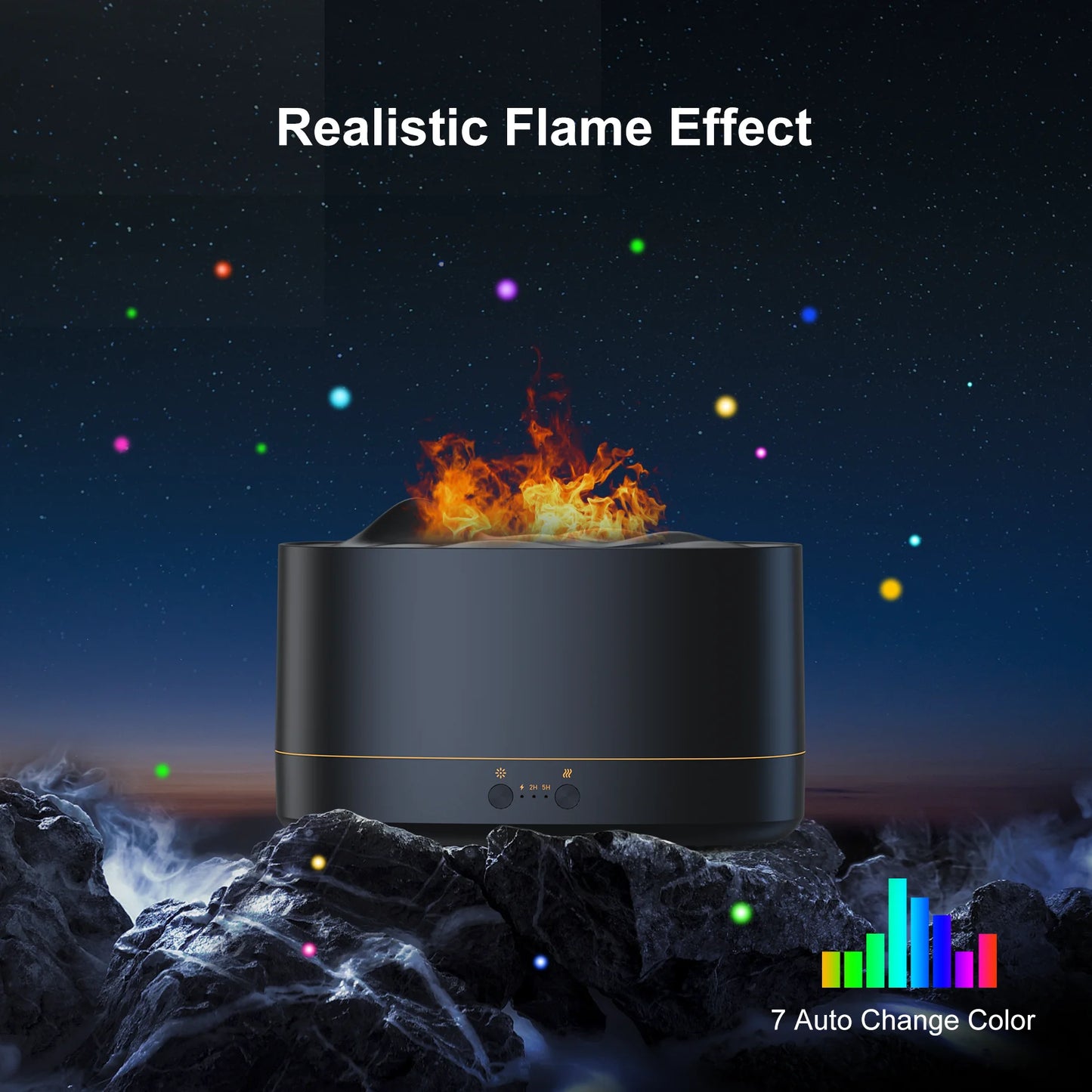 Flame Diffuser Humidifier, 7 Color Essential Oil Diffuser, Time Setting for Home, Room, Black