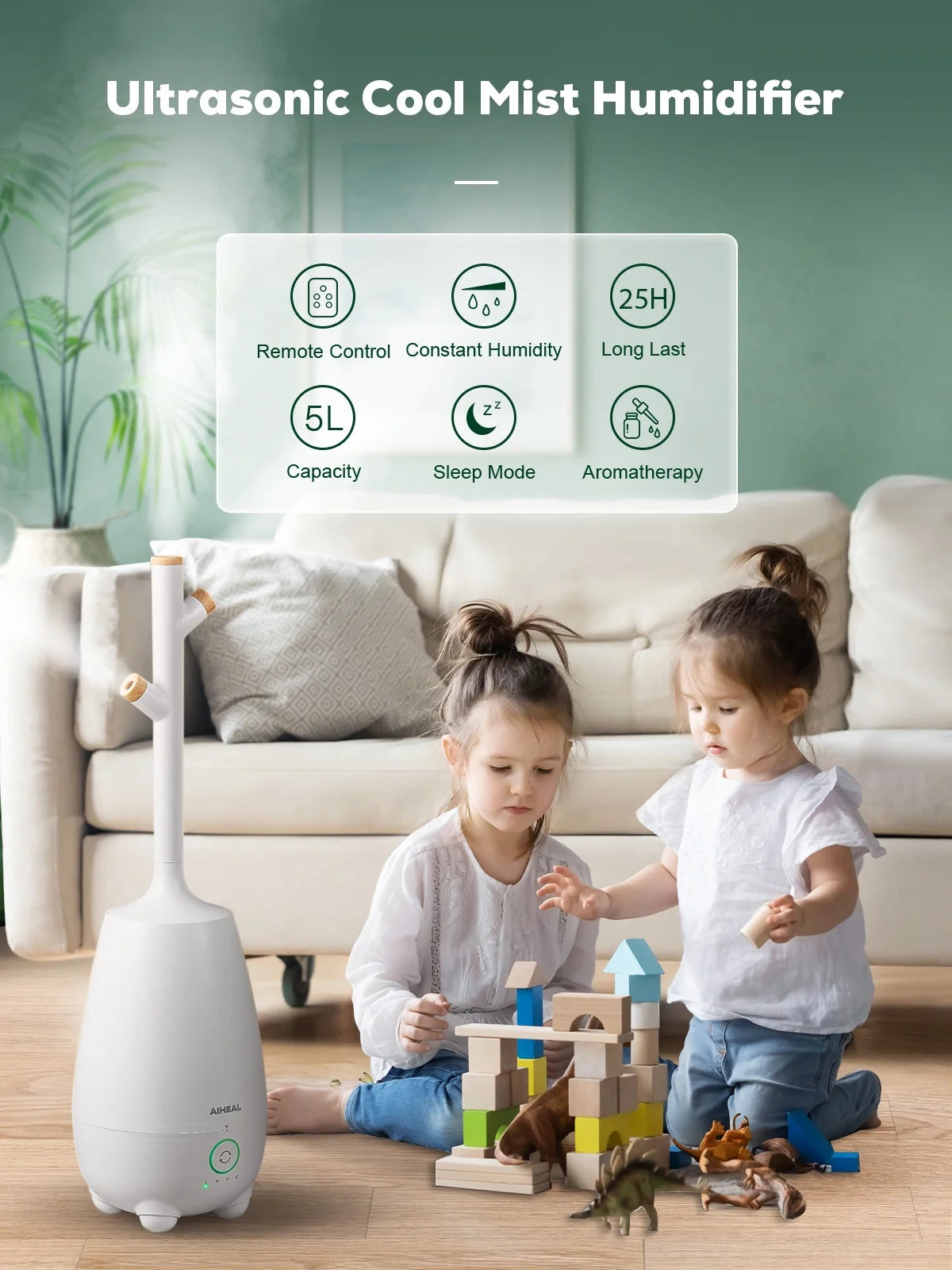 Humidifiers for Bedroom Large Room Home, 5L Top Fill Cool Mist Ultrasonic Humidifier for Baby Plants, Smart Humidistat Mode, Essential Oil Diffuser, Sleep Mode, Auto off and Ultra Quiet, White