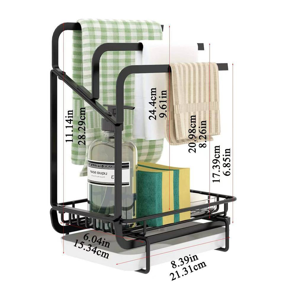 Black Metal Kitchen Sink Sponge Holder with Drainage Tray, Kitchen Sink Storage Container Sponge Brush Soap Tray