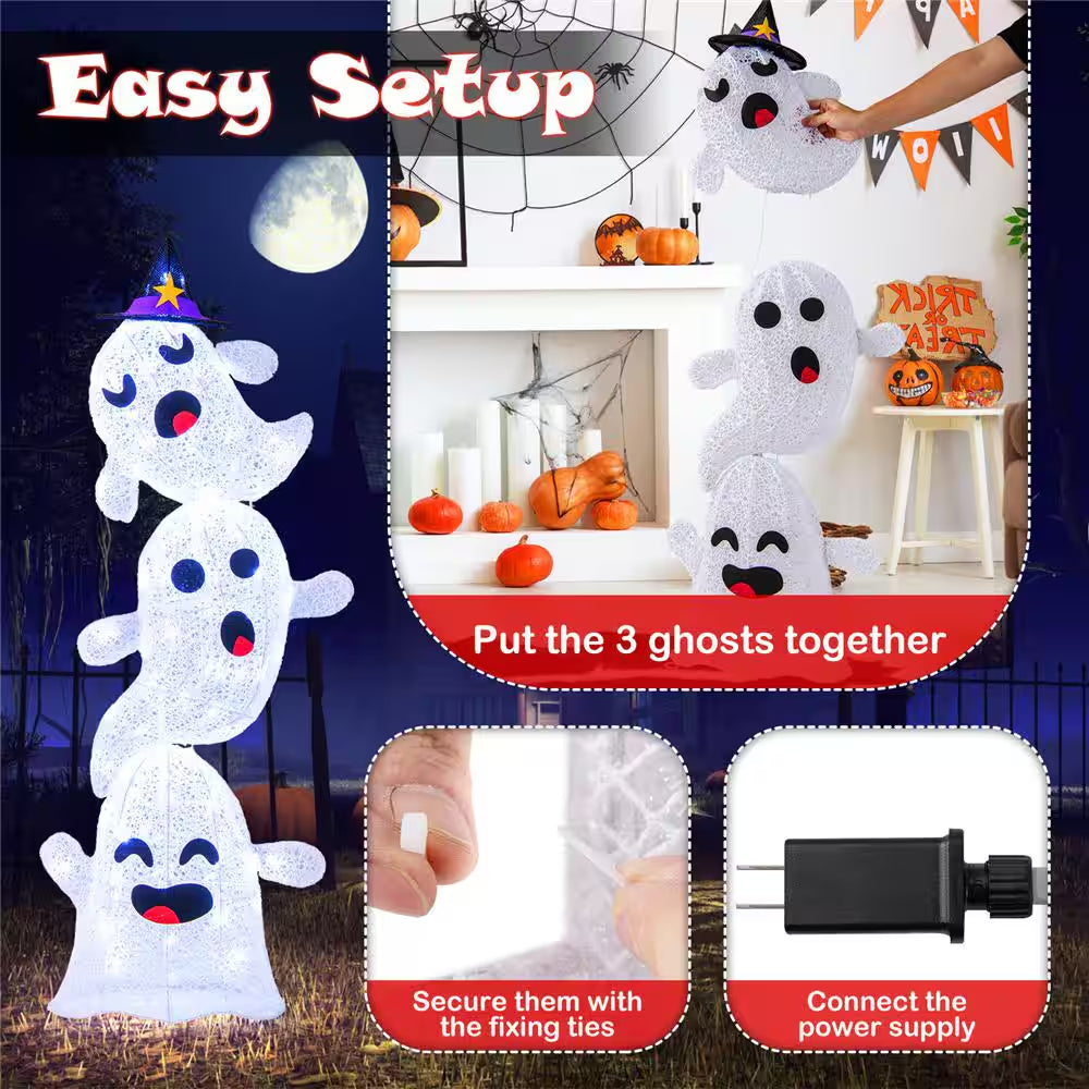 48 In. Lighted Plug in Stacked Ghosts Standing Halloween Decoration with 120 LED Lights and 4 Metal Ground Stakes
