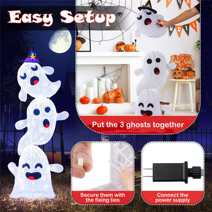 48 In. Lighted Plug in Stacked Ghosts Standing Halloween Decoration with 120 LED Lights and 4 Metal Ground Stakes