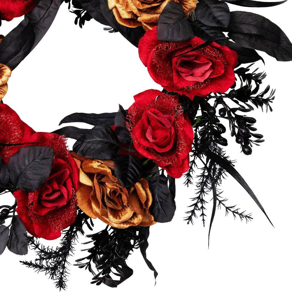 22- Inch Red and Gold Roses with Black Foliage Unlit Halloween Wreath