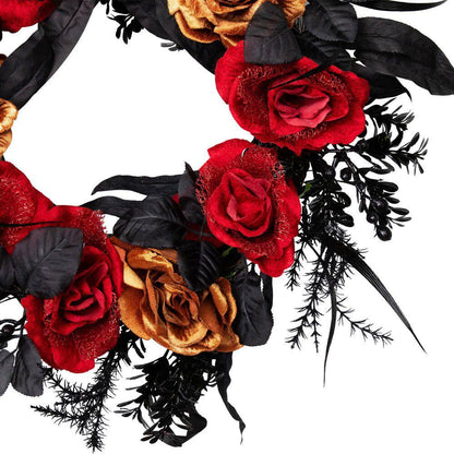22- Inch Red and Gold Roses with Black Foliage Unlit Halloween Wreath