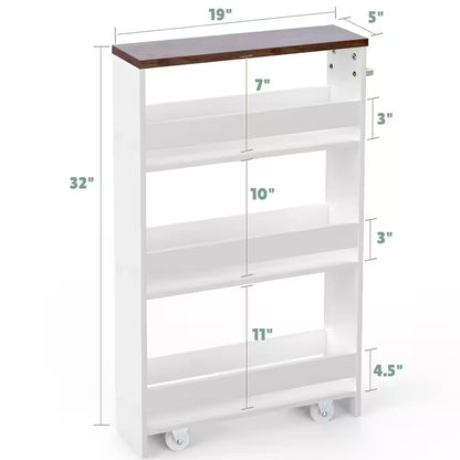 Rolling Kitchen White Slim Storage Cart Mobile Shelving Organizer with Handle