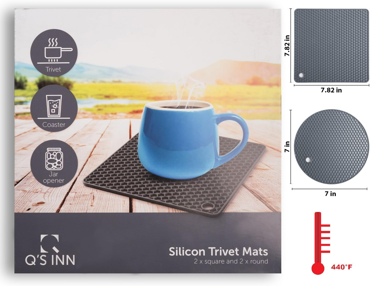 Silicone Trivet for Hot Dishes. Silicone Pot Holders Are Heat Resistant Mats for Countertop up to 440°F, Multipurpose - Non Slip Jar Opener Hot Disher Spoon Rest Food Grade & BPA Free (Gray)