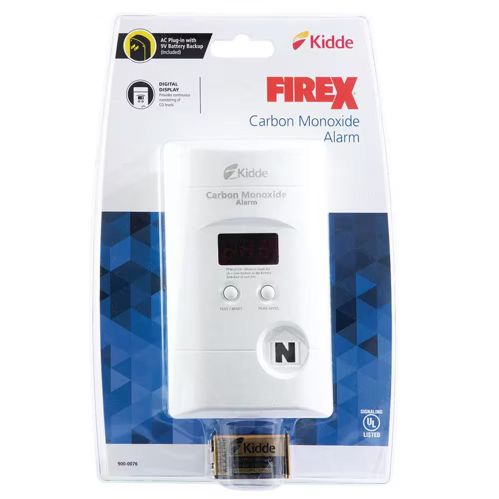Firex Plug-In Carbon Monoxide Detector, 9V Battery Backup, Digital Display