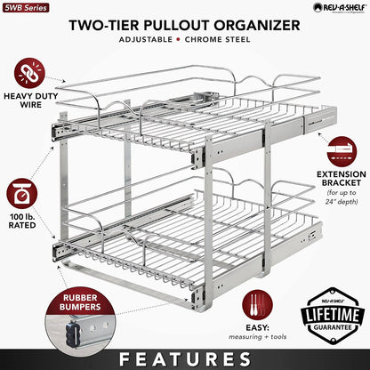 2-Tier Kitchen Cabinet Pullout Shelf and Drawer Organizer Slide Out Pantry Storage Basket in Multiple Sizes, 18 X 22 In, 5WB2-1822CR-1