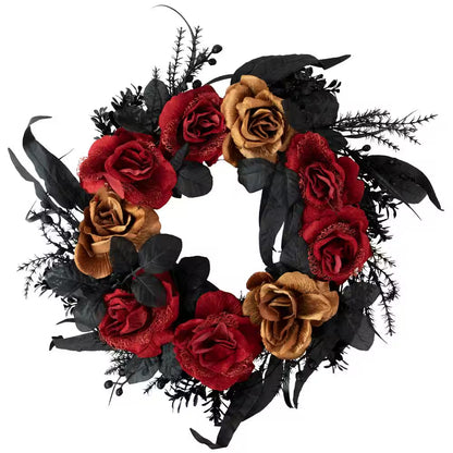 22- Inch Red and Gold Roses with Black Foliage Unlit Halloween Wreath
