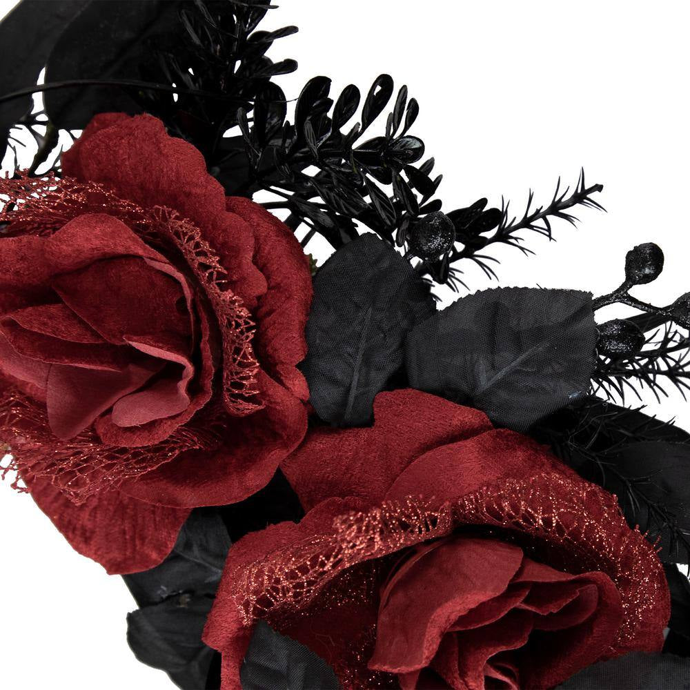22- Inch Red and Gold Roses with Black Foliage Unlit Halloween Wreath