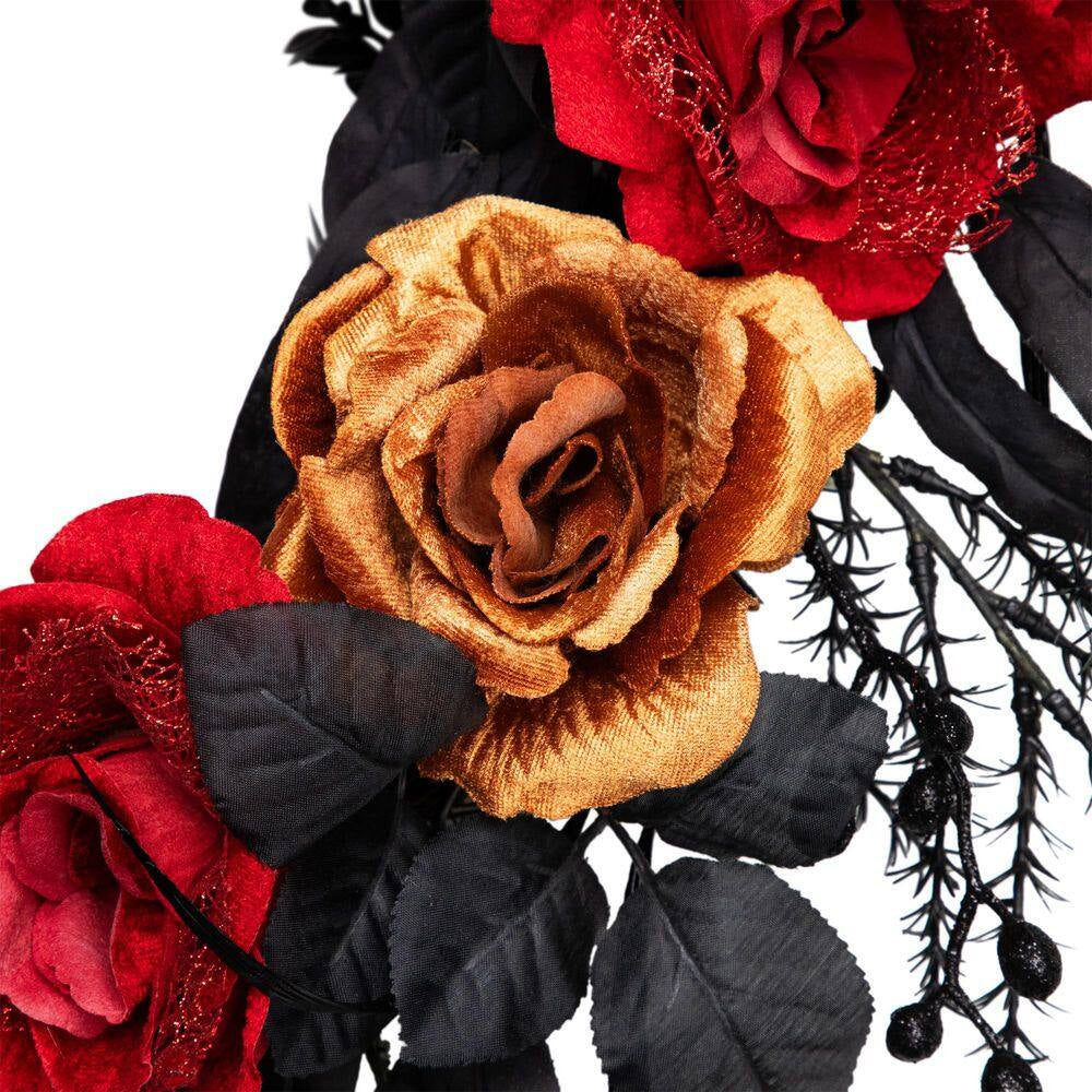 22- Inch Red and Gold Roses with Black Foliage Unlit Halloween Wreath